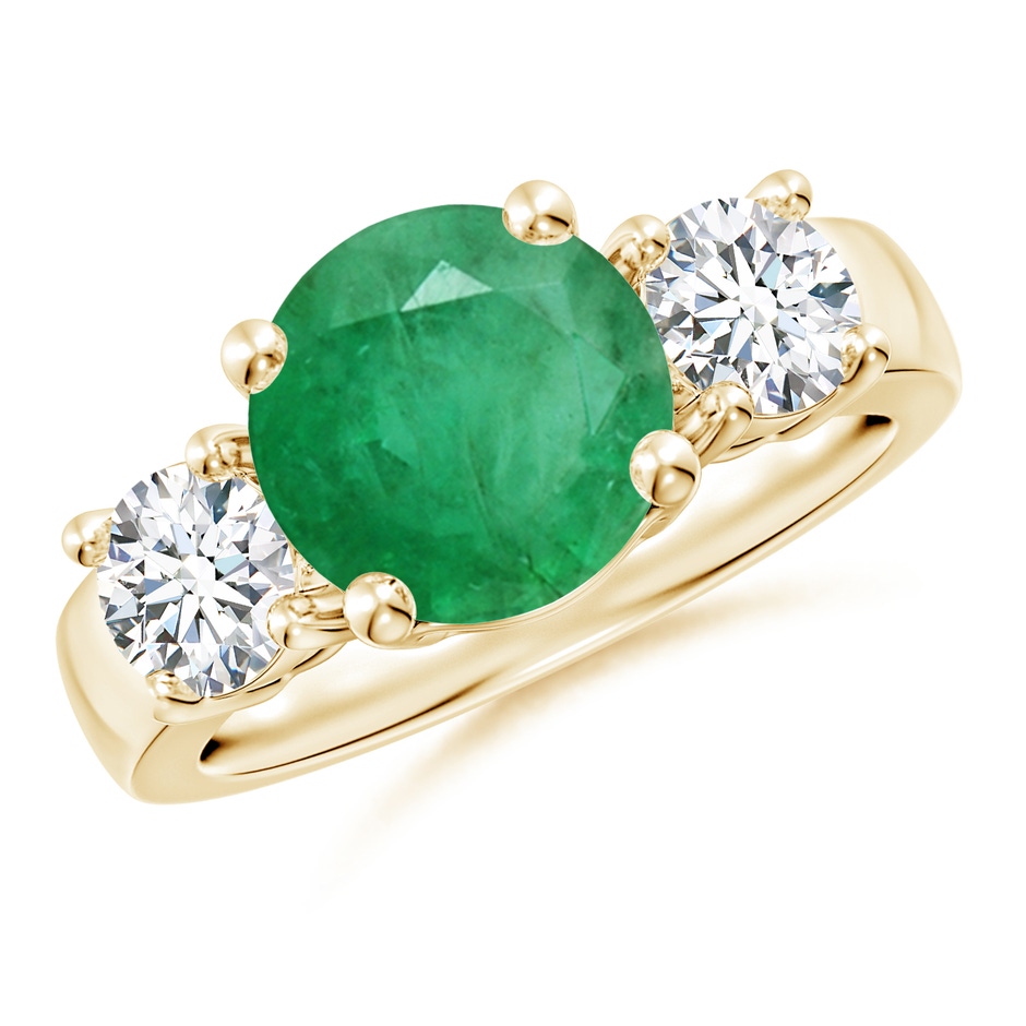 9mm A Classic Emerald and Diamond Three Stone Engagement Ring in Yellow Gold 
