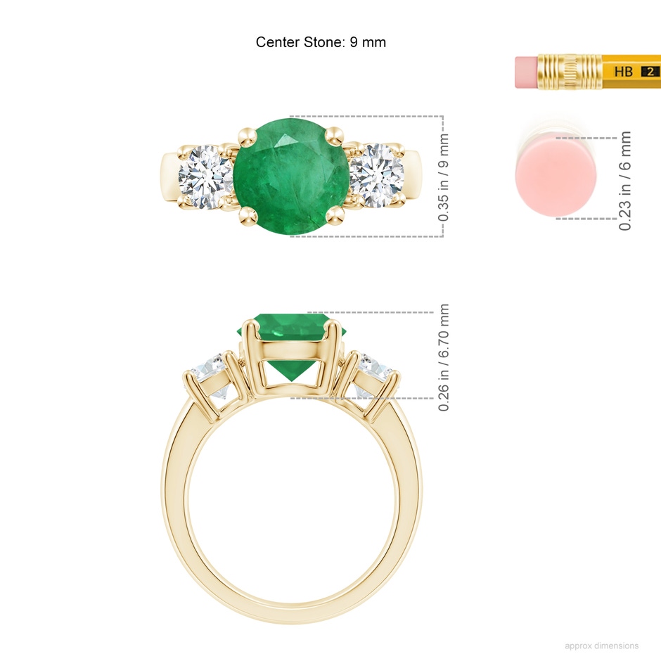 9mm A Classic Emerald and Diamond Three Stone Engagement Ring in Yellow Gold ruler