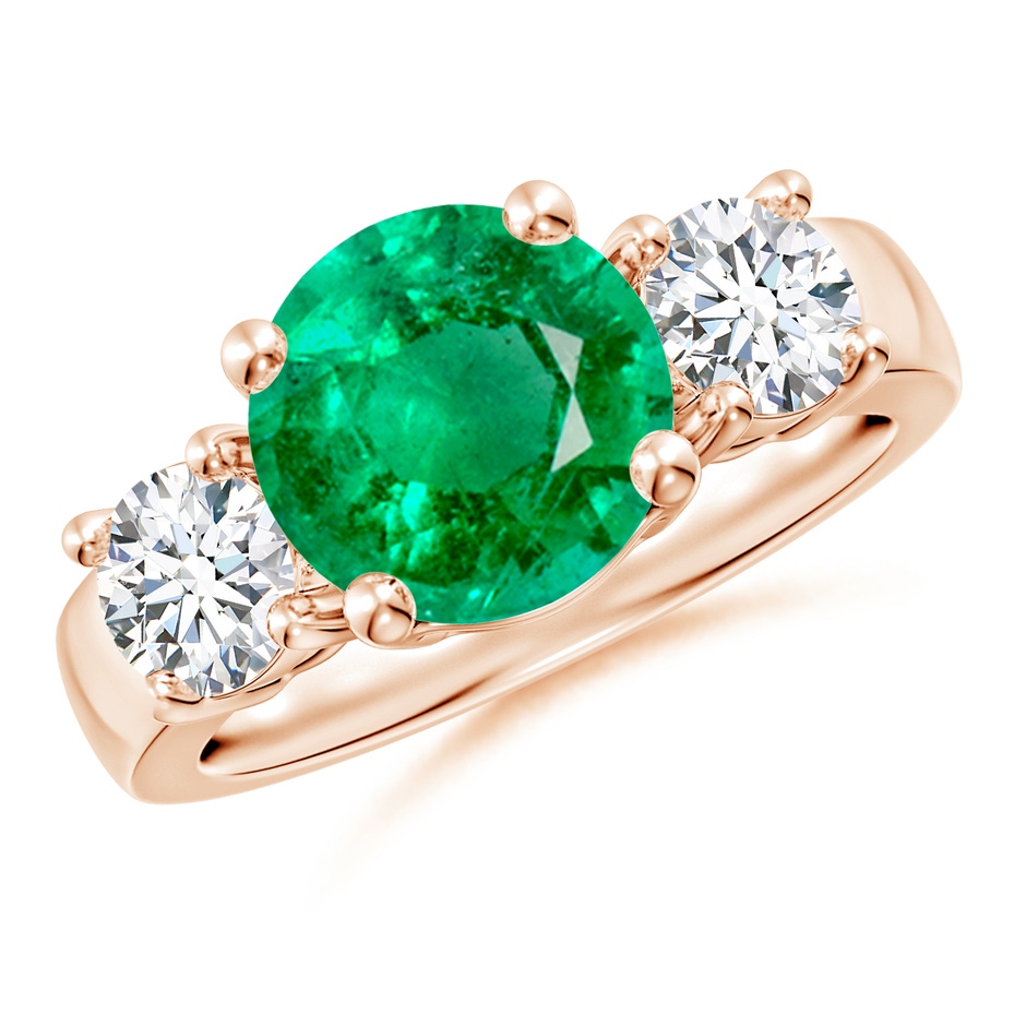 9mm AAA Classic Emerald and Diamond Three Stone Engagement Ring in Rose Gold 
