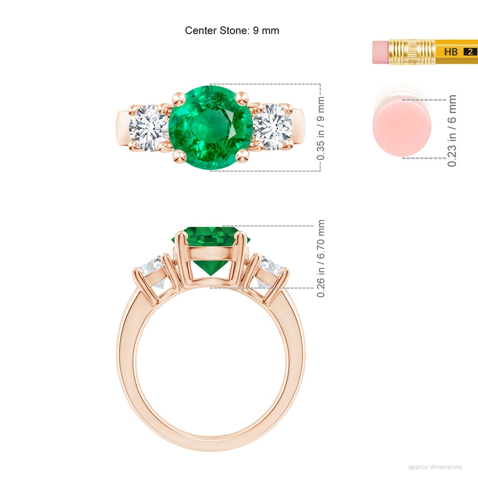 9mm AAA Classic Emerald and Diamond Three Stone Engagement Ring in Rose Gold ruler