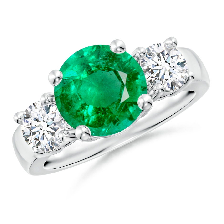 9mm AAA Classic Emerald and Diamond Three Stone Engagement Ring in White Gold 