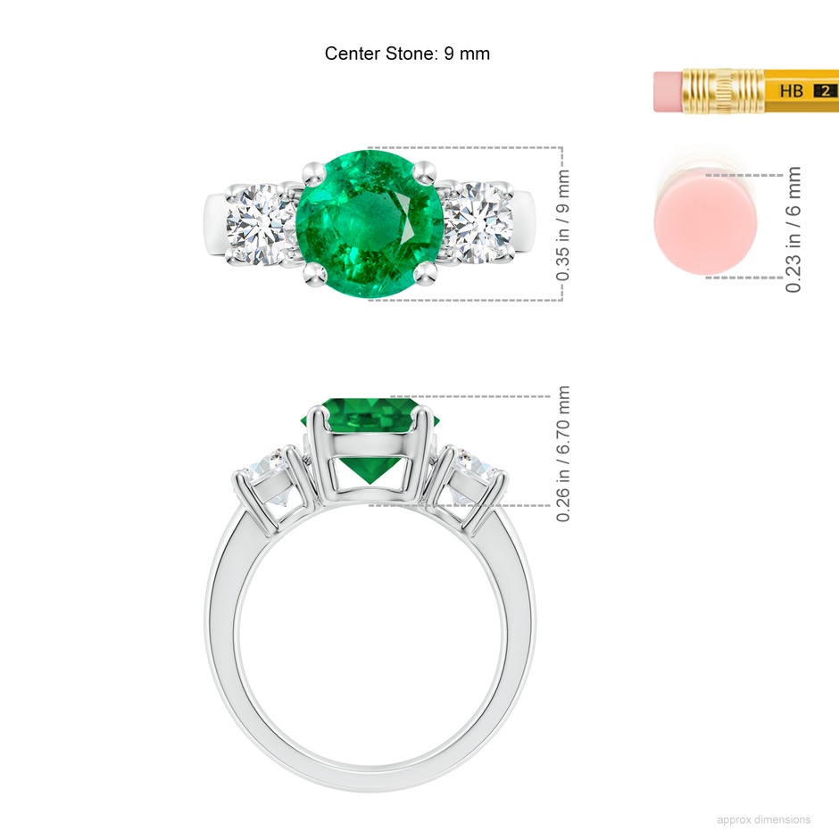 9mm AAA Classic Emerald and Diamond Three Stone Engagement Ring in White Gold ruler