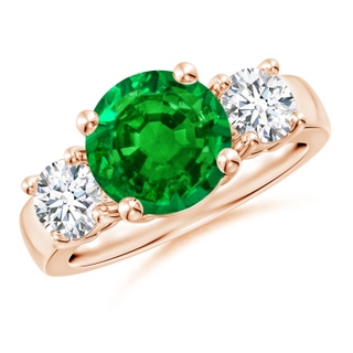 9mm AAAA Classic Emerald and Diamond Three Stone Engagement Ring in Rose Gold