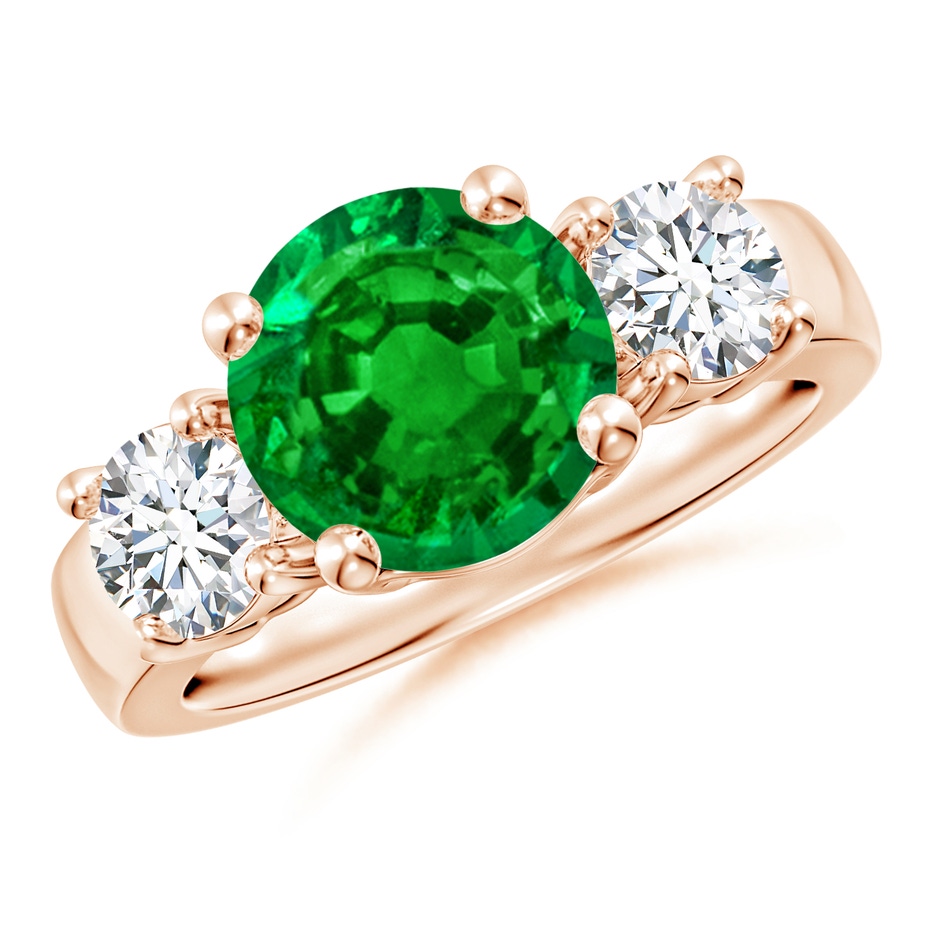 9mm AAAA Classic Emerald and Diamond Three Stone Engagement Ring in Rose Gold 