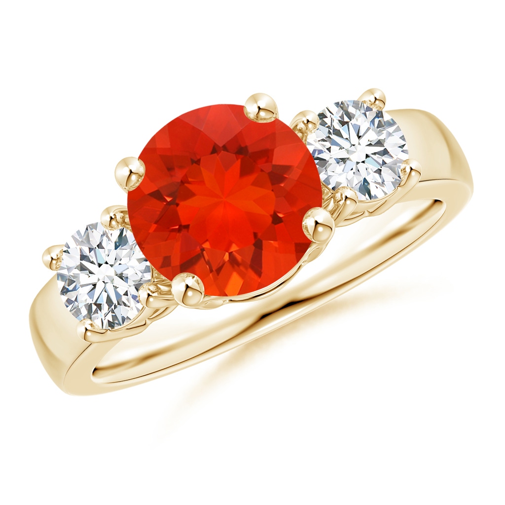 8mm AAAA Classic Fire Opal and Diamond Three Stone Engagement Ring in Yellow Gold