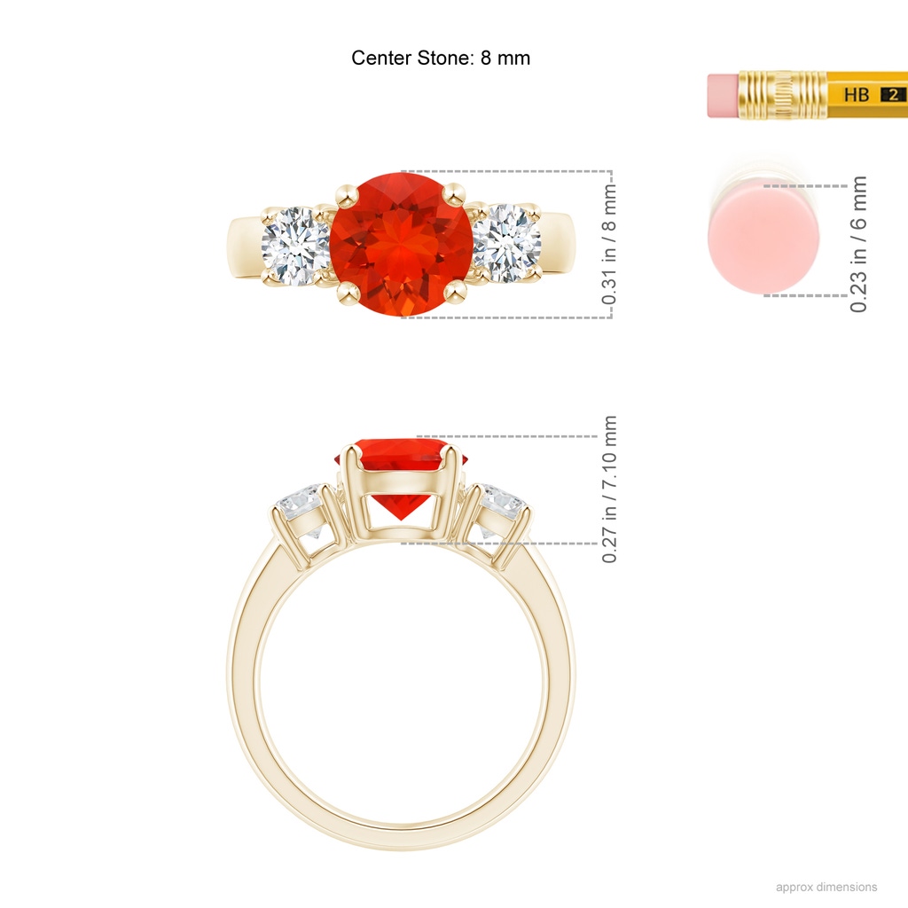 8mm AAAA Classic Fire Opal and Diamond Three Stone Engagement Ring in Yellow Gold Ruler