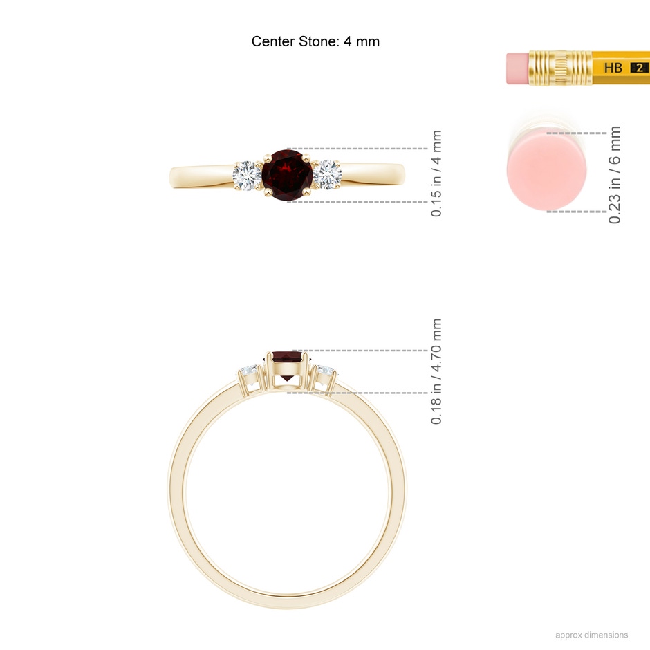 4mm A Classic Garnet and Diamond Three Stone Engagement Ring in Yellow Gold ruler