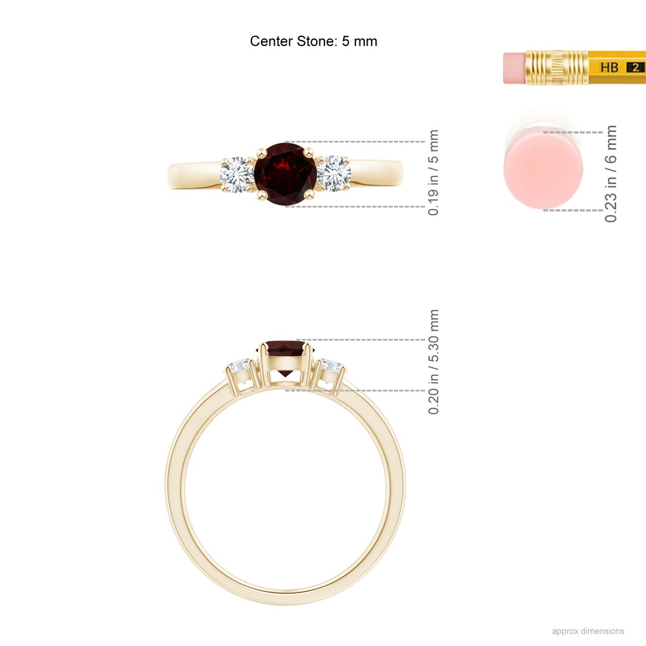 5mm A Classic Garnet and Diamond Three Stone Engagement Ring in Yellow Gold ruler