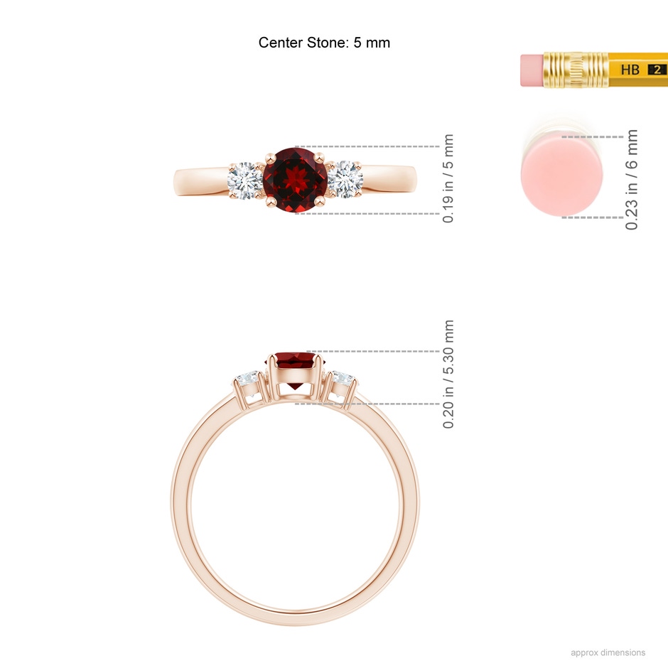 5mm AAAA Classic Garnet and Diamond Three Stone Engagement Ring in Rose Gold ruler