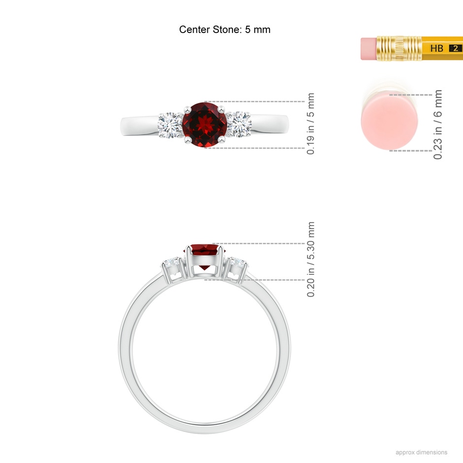 5mm AAAA Classic Garnet and Diamond Three Stone Engagement Ring in White Gold ruler