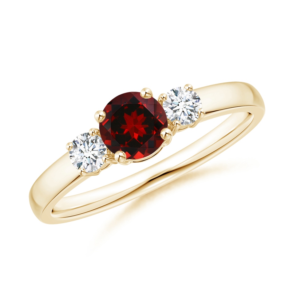 5mm AAAA Classic Garnet and Diamond Three Stone Engagement Ring in Yellow Gold 