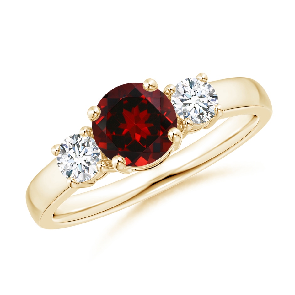 6mm AAAA Classic Garnet and Diamond Three Stone Engagement Ring in Yellow Gold 