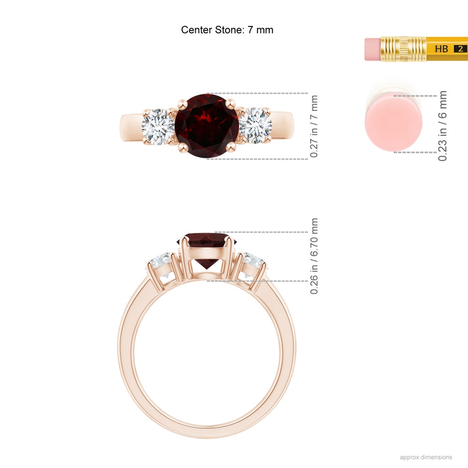 7mm A Classic Garnet and Diamond Three Stone Engagement Ring in Rose Gold ruler