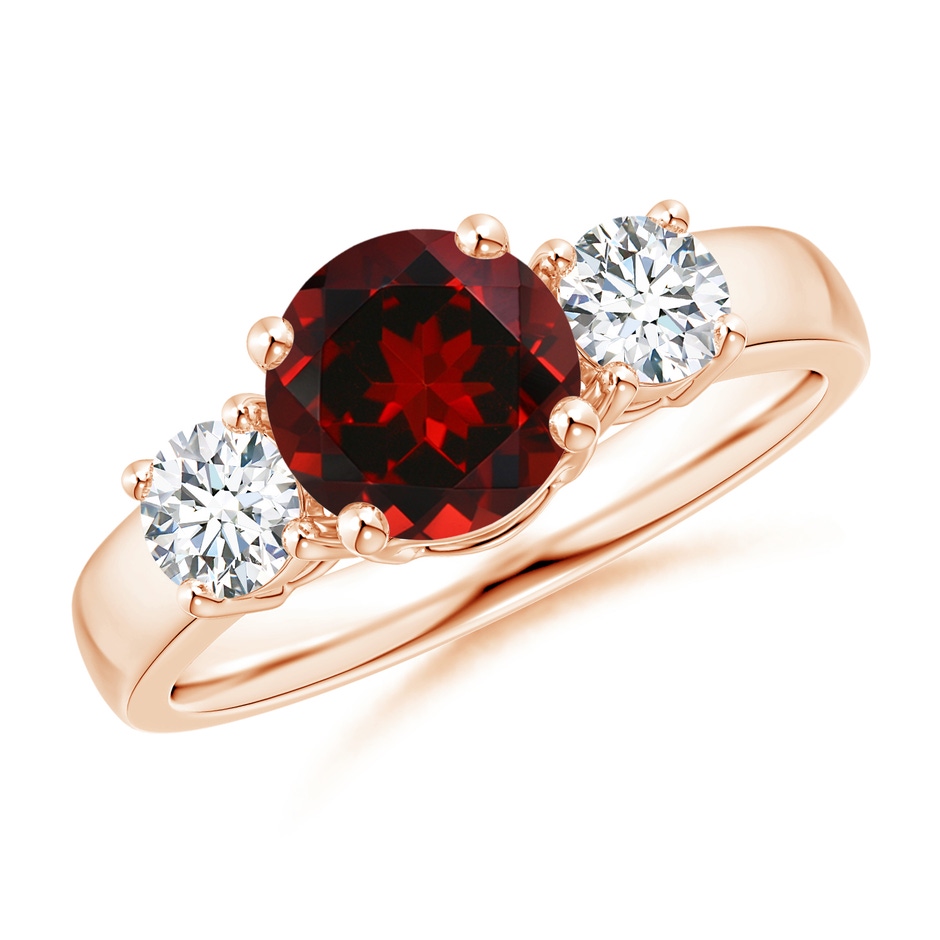 7mm AAAA Classic Garnet and Diamond Three Stone Engagement Ring in Rose Gold 