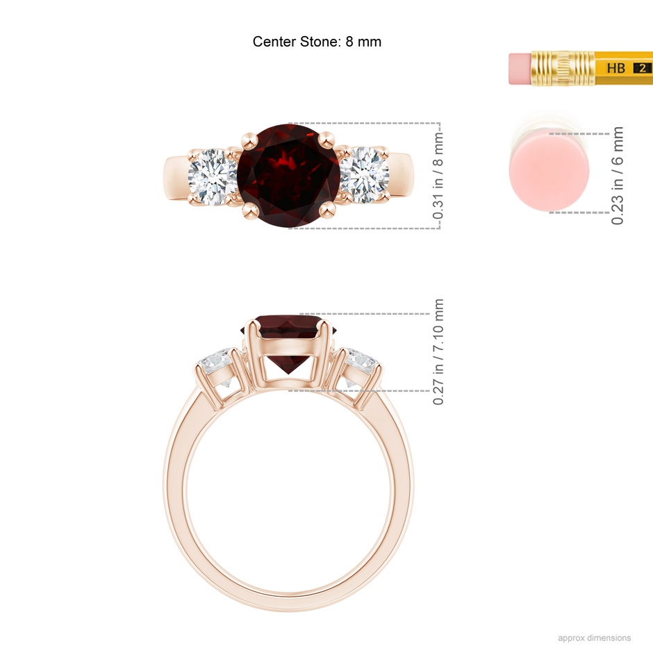 8mm A Classic Garnet and Diamond Three Stone Engagement Ring in Rose Gold ruler