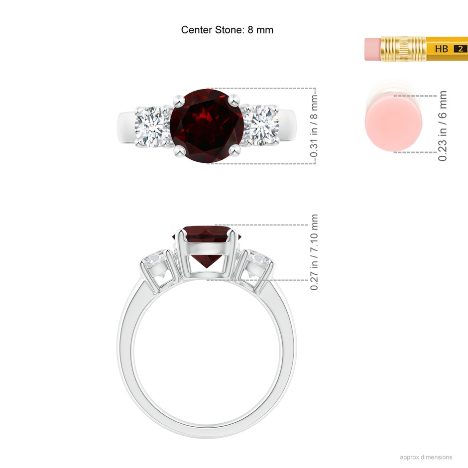 8mm A Classic Garnet and Diamond Three Stone Engagement Ring in White Gold ruler