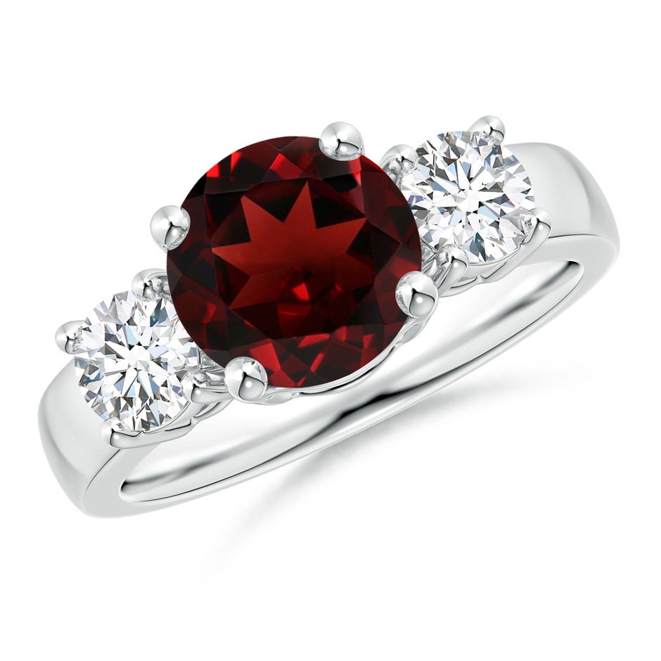 8mm AAA Classic Garnet and Diamond Three Stone Engagement Ring in White Gold 