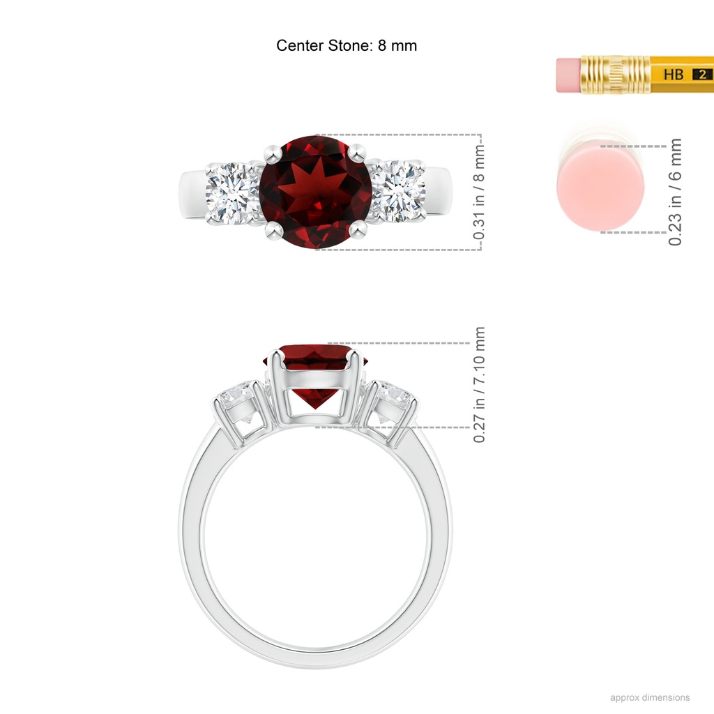 8mm AAA Classic Garnet and Diamond Three Stone Engagement Ring in White Gold Ruler