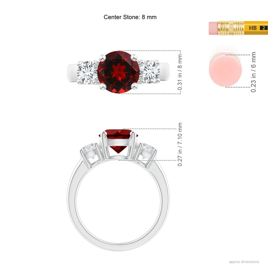 8mm AAAA Classic Garnet and Diamond Three Stone Engagement Ring in White Gold ruler