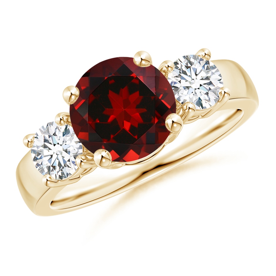 8mm AAAA Classic Garnet and Diamond Three Stone Engagement Ring in Yellow Gold 