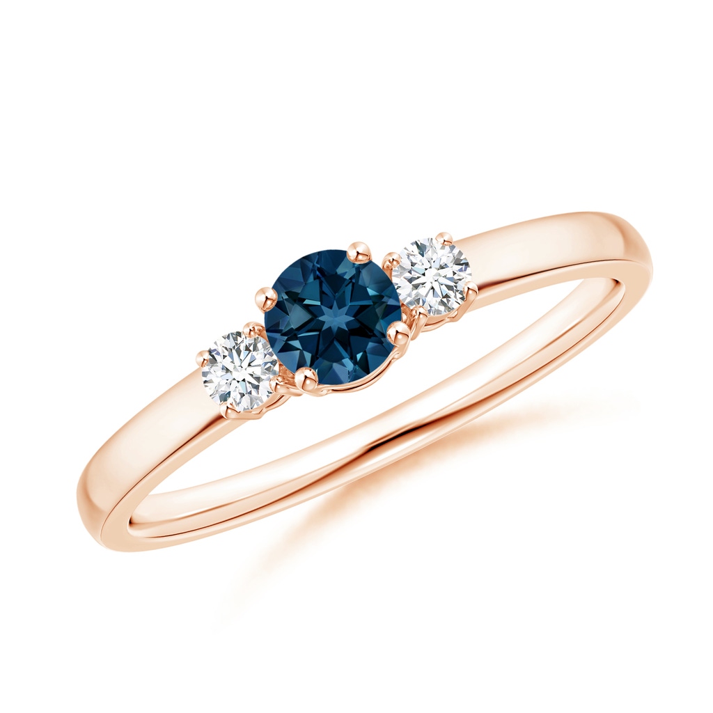4mm AAAA Classic London Blue Topaz and Diamond Three Stone Ring in Rose Gold