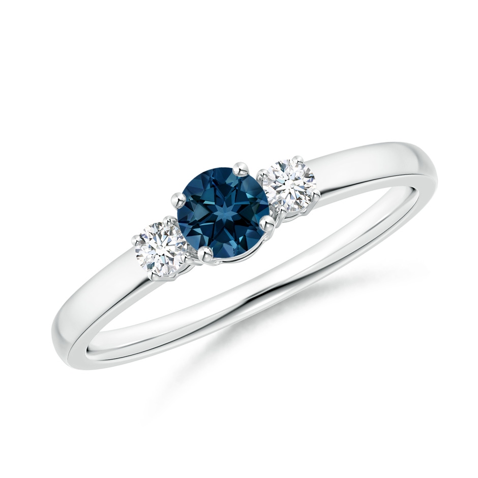 4mm AAAA Classic London Blue Topaz and Diamond Three Stone Ring in White Gold 