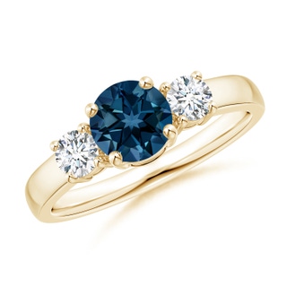 6mm AAAA Classic London Blue Topaz and Diamond Three Stone Ring in Yellow Gold