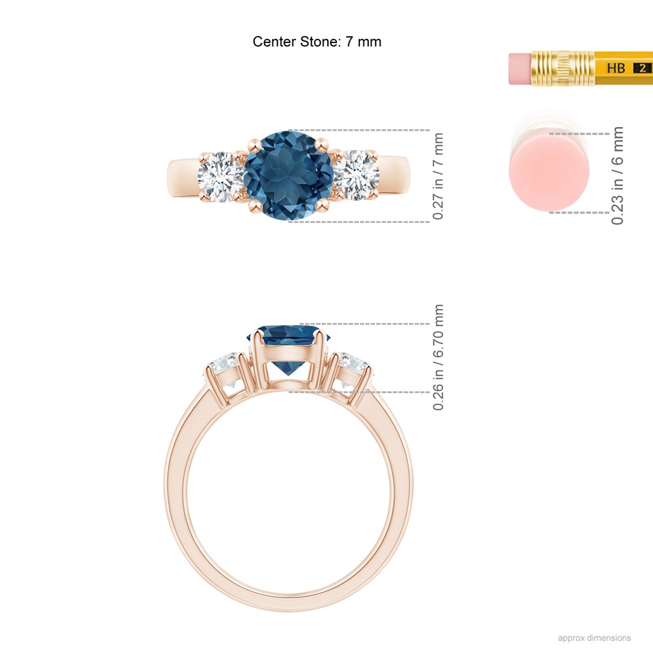 7mm AA Classic London Blue Topaz and Diamond Three Stone Ring in Rose Gold ruler