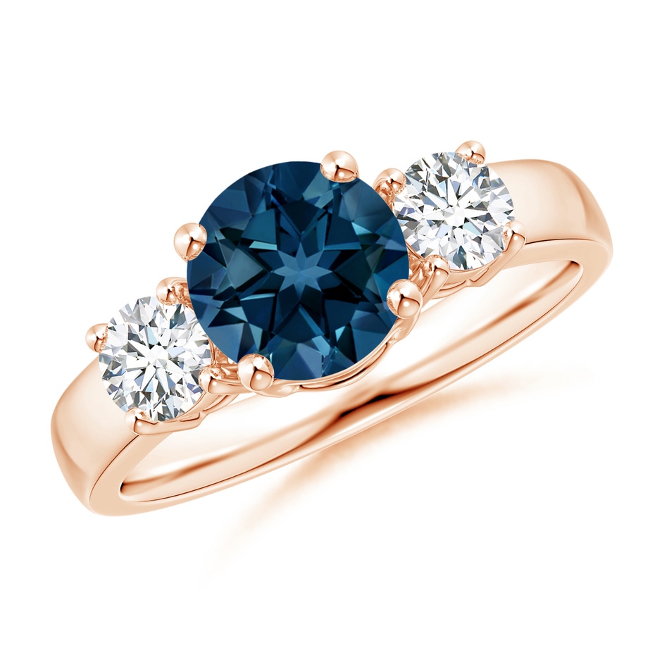 7mm AAAA Classic London Blue Topaz and Diamond Three Stone Ring in Rose Gold 