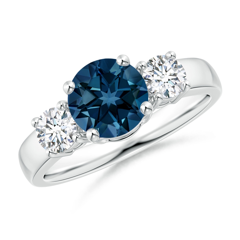 7mm AAAA Classic London Blue Topaz and Diamond Three Stone Ring in White Gold 