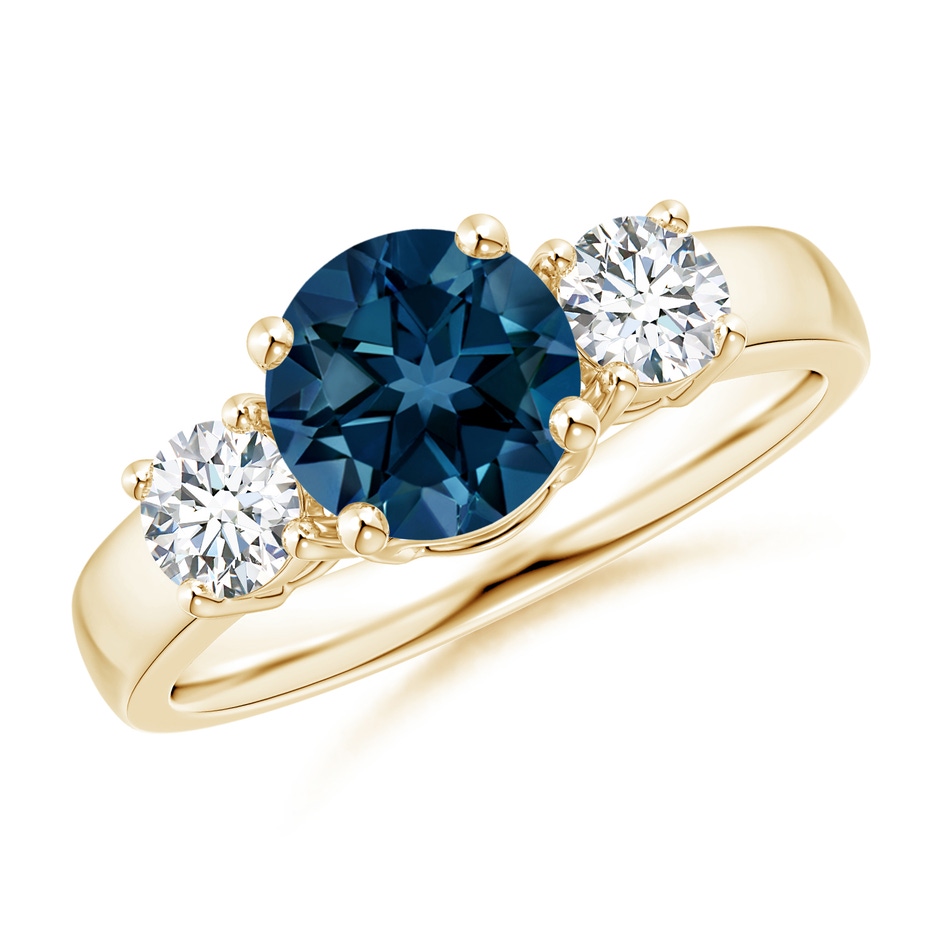 7mm AAAA Classic London Blue Topaz and Diamond Three Stone Ring in Yellow Gold 