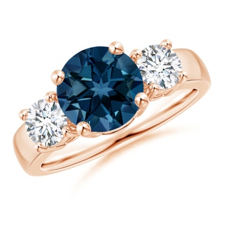 8mm AAAA Classic London Blue Topaz and Diamond Three Stone Ring in 10K Rose Gold