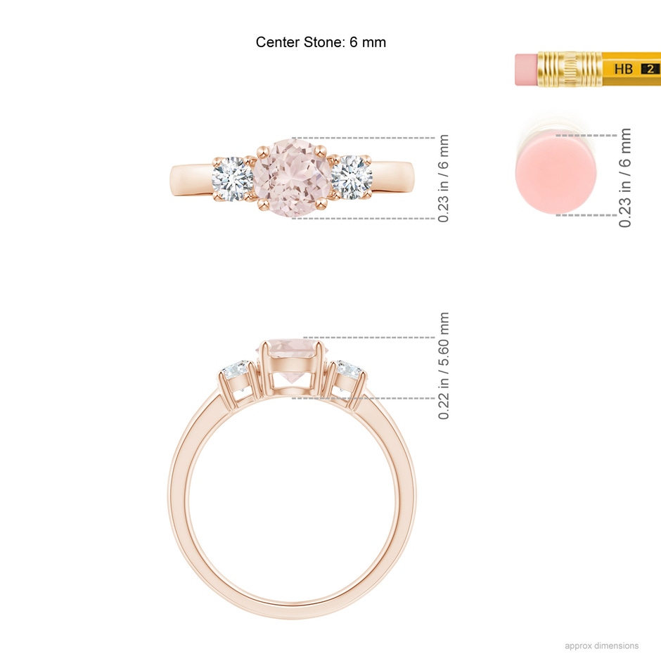6mm A Classic Morganite and Diamond Three Stone Engagement Ring in Rose Gold ruler