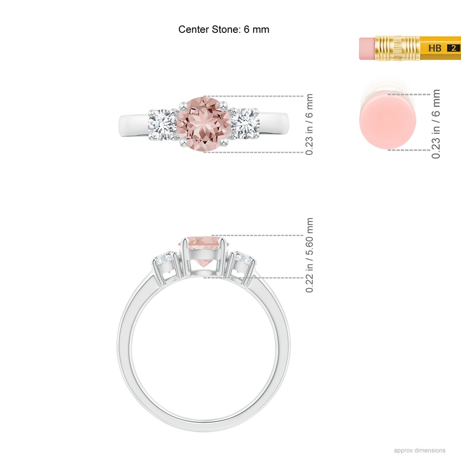 6mm AAAA Classic Morganite and Diamond Three Stone Engagement Ring in 10K White Gold ruler