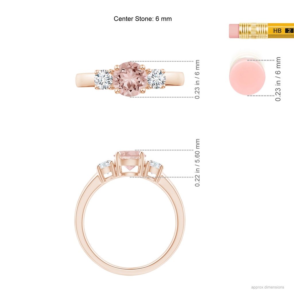 6mm AAAA Classic Morganite and Diamond Three Stone Engagement Ring in Rose Gold Ruler