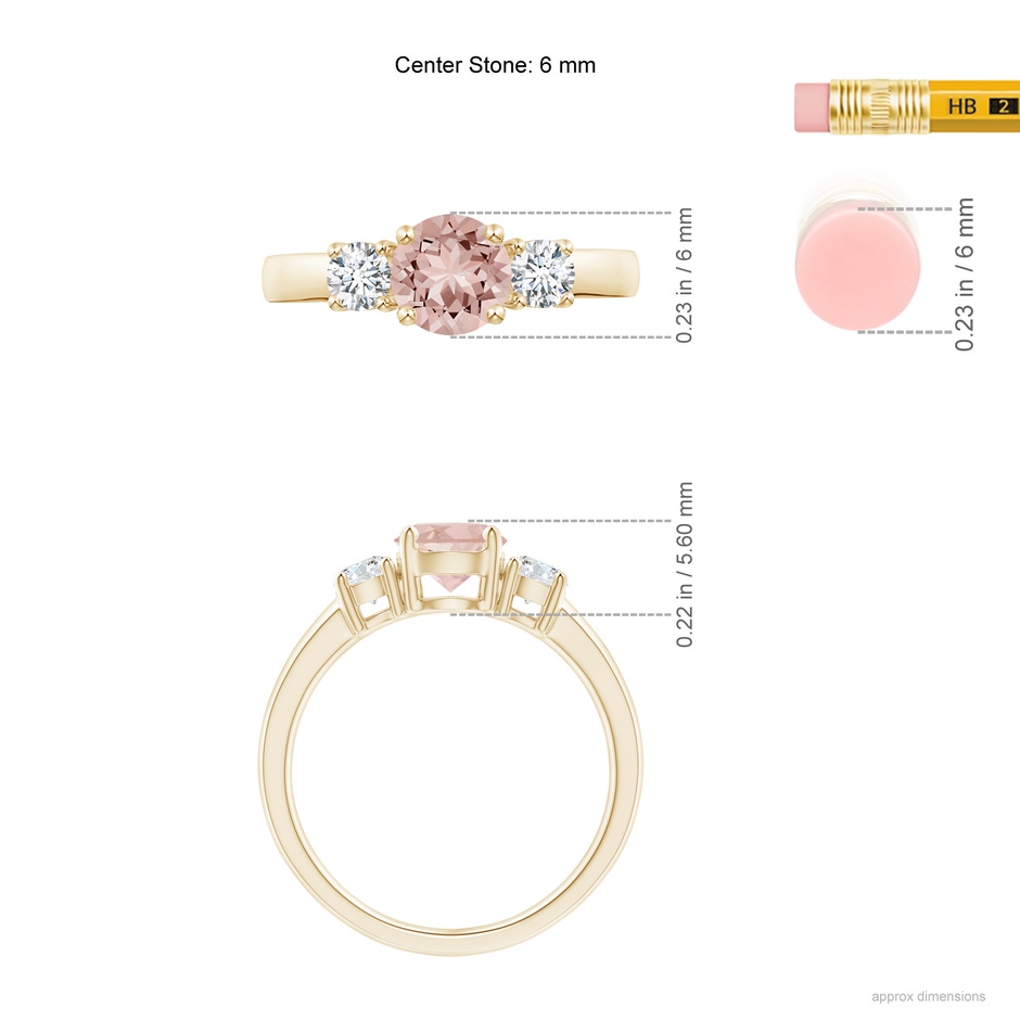 6mm AAAA Classic Morganite and Diamond Three Stone Engagement Ring in Yellow Gold ruler