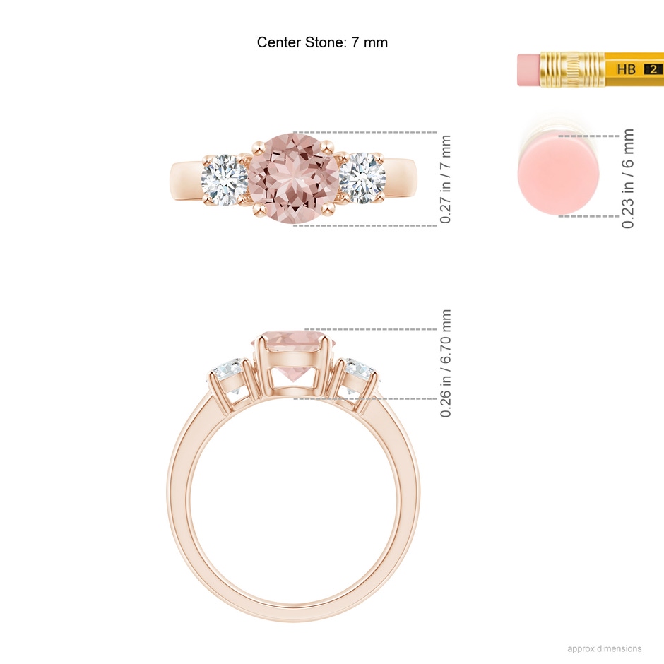 7mm AAAA Classic Morganite and Diamond Three Stone Engagement Ring in Rose Gold ruler