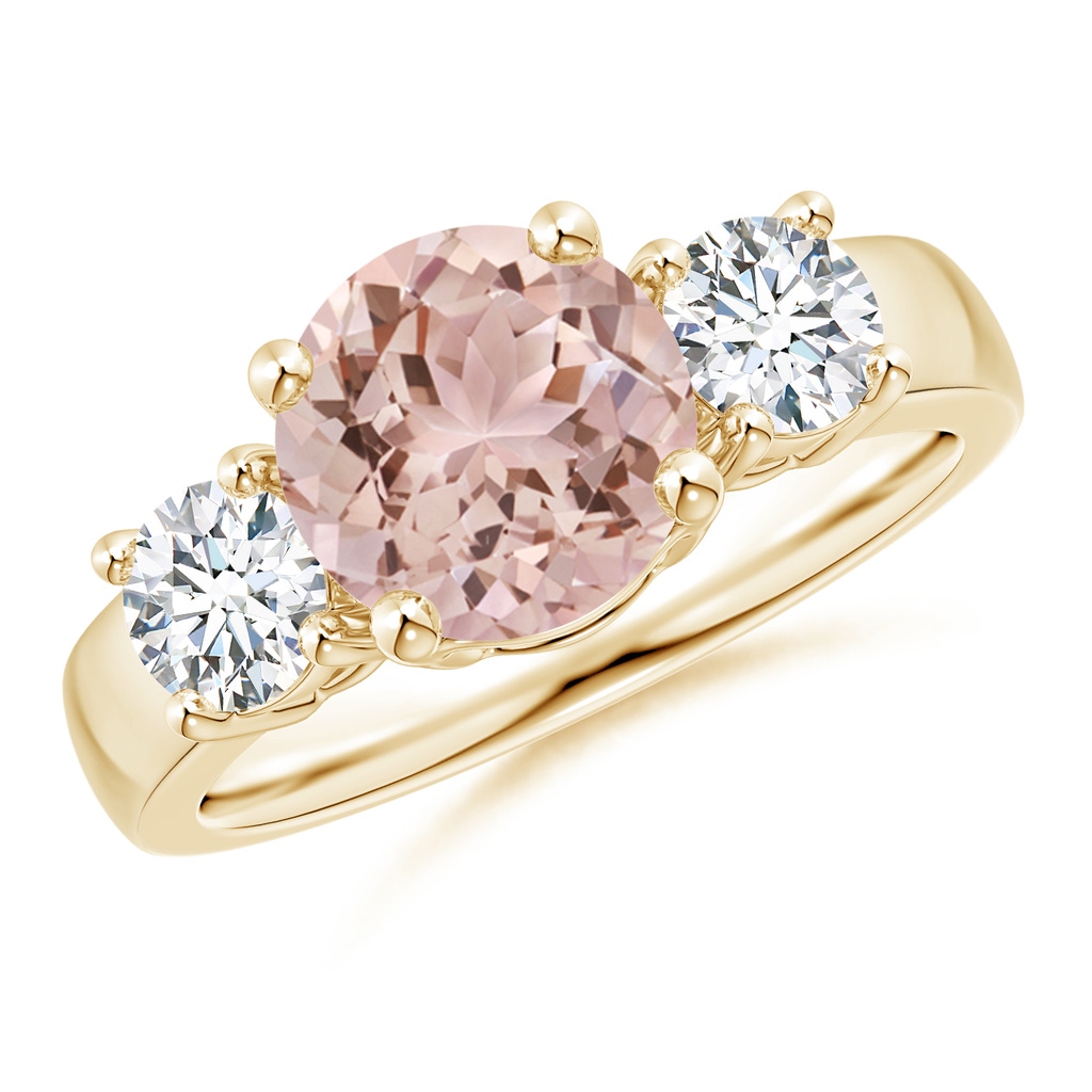 8mm AAA Classic Morganite and Diamond Three Stone Engagement Ring in Yellow Gold