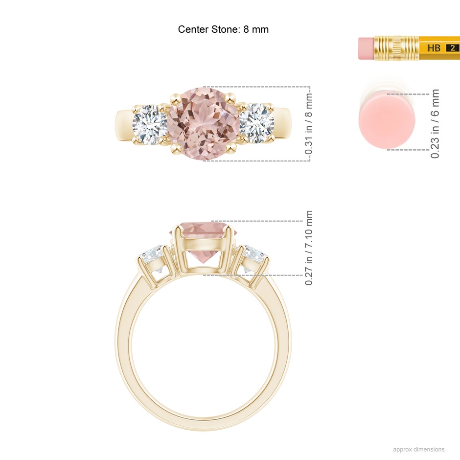 8mm AAA Classic Morganite and Diamond Three Stone Engagement Ring in Yellow Gold ruler