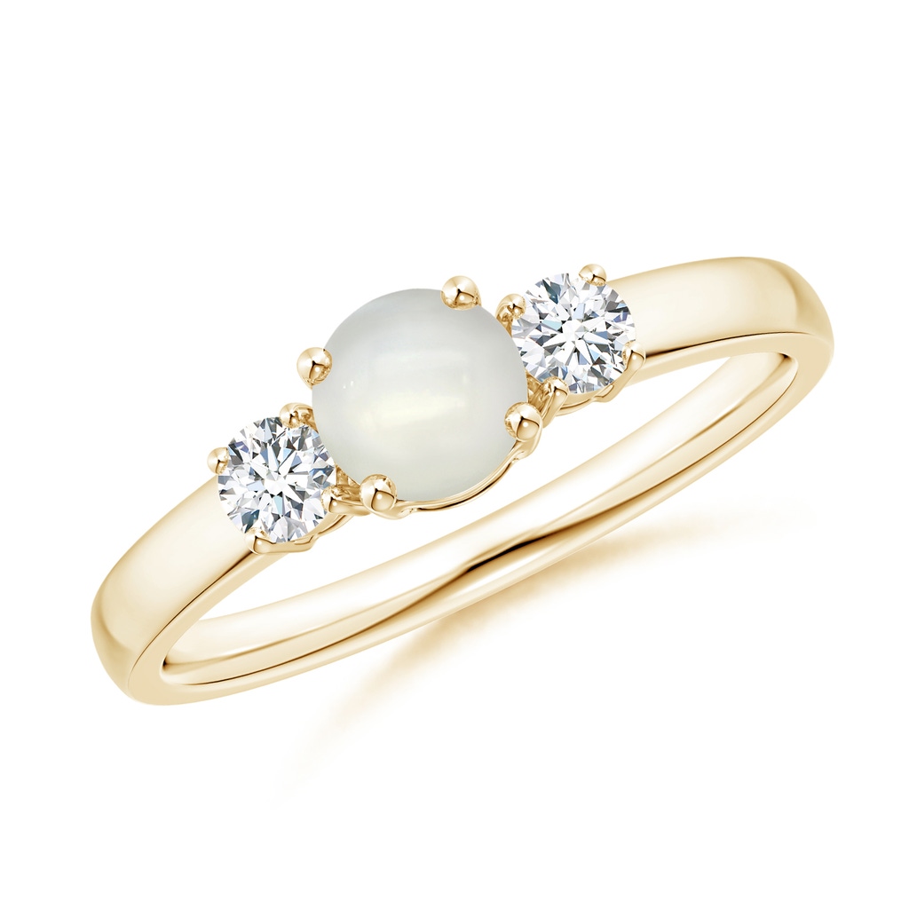 5mm AAAA Classic Moonstone and Diamond Three Stone Engagement Ring in Yellow Gold