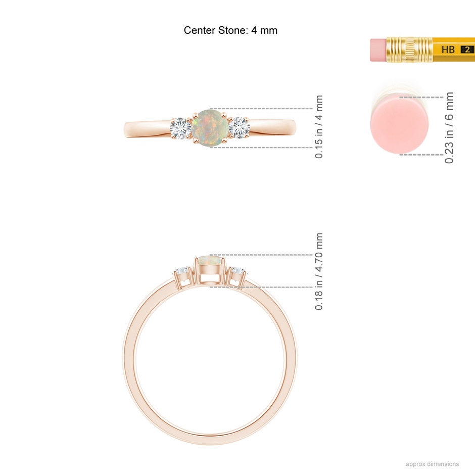 4mm AAAA Classic Opal and Diamond Three Stone Engagement Ring in Rose Gold ruler