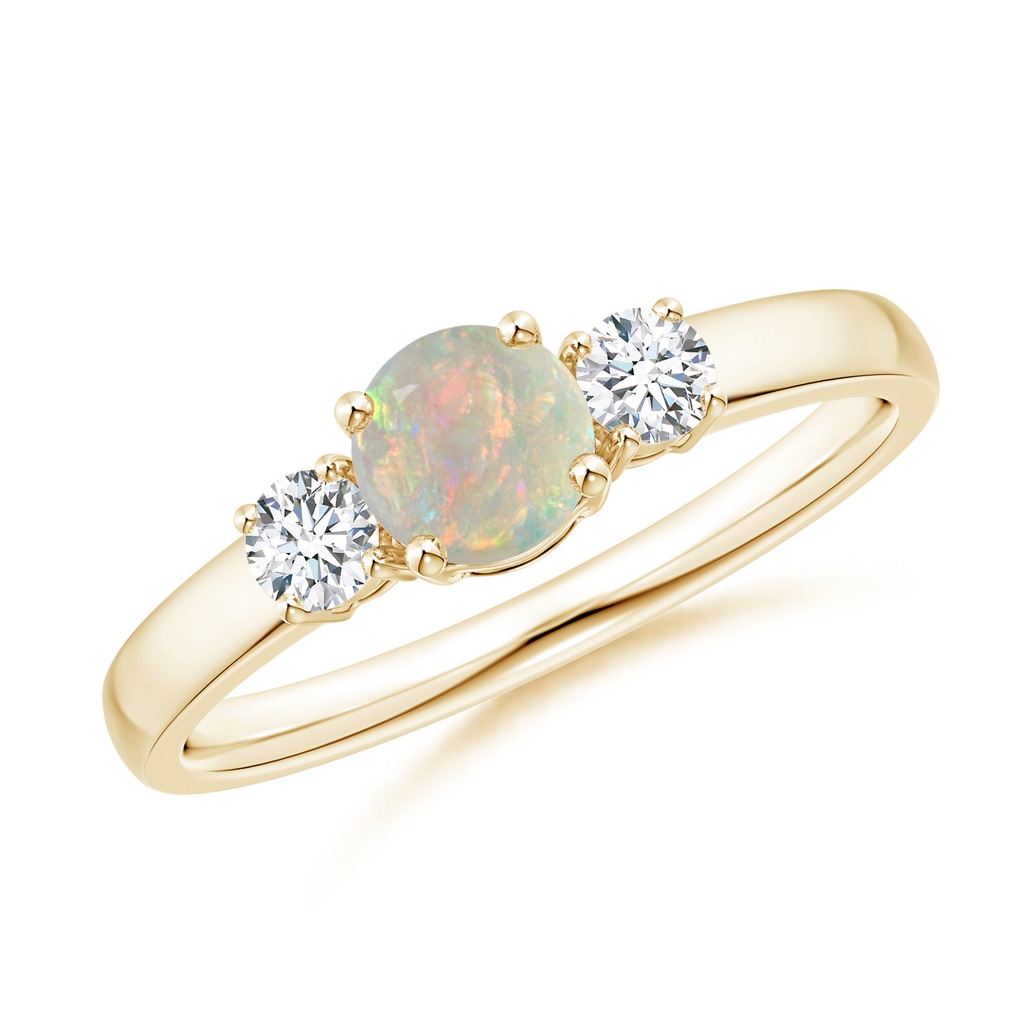 5mm AAAA Classic Opal and Diamond Three Stone Engagement Ring in Yellow Gold