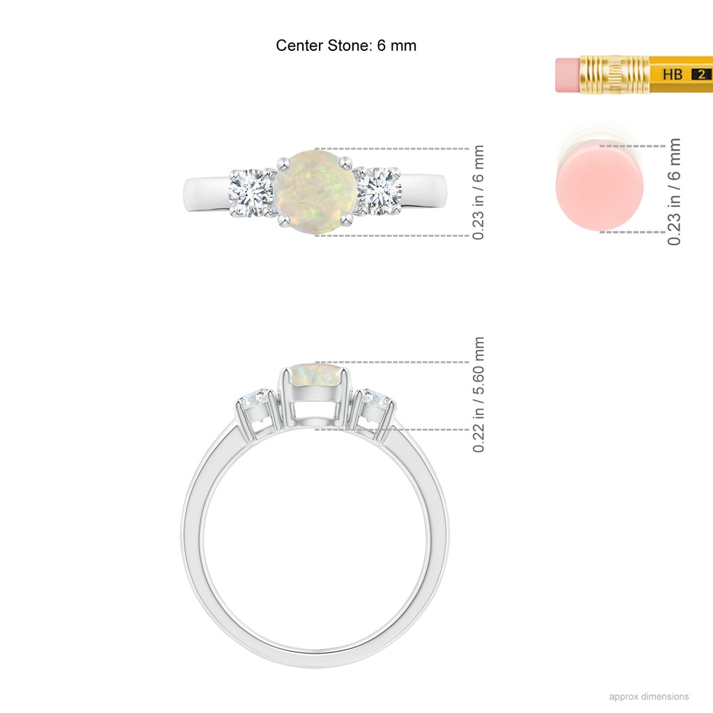 6mm AAA Classic Opal and Diamond Three Stone Engagement Ring in White Gold Ruler