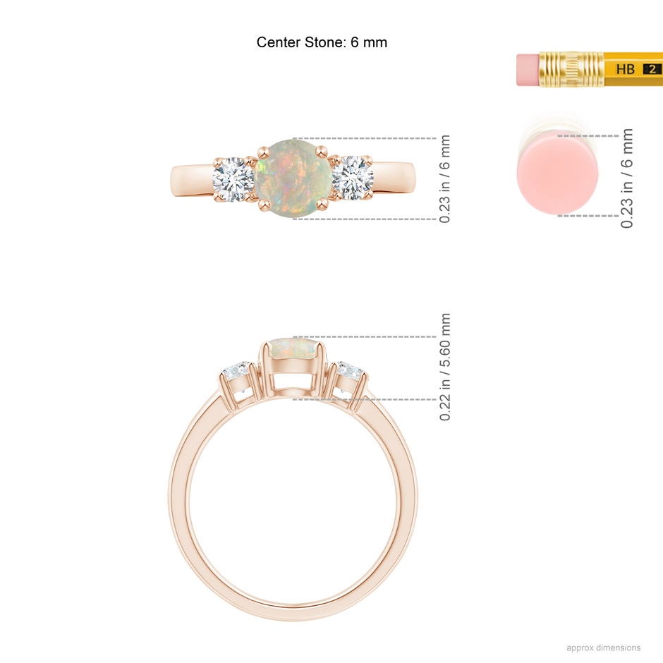6mm AAAA Classic Opal and Diamond Three Stone Engagement Ring in Rose Gold ruler