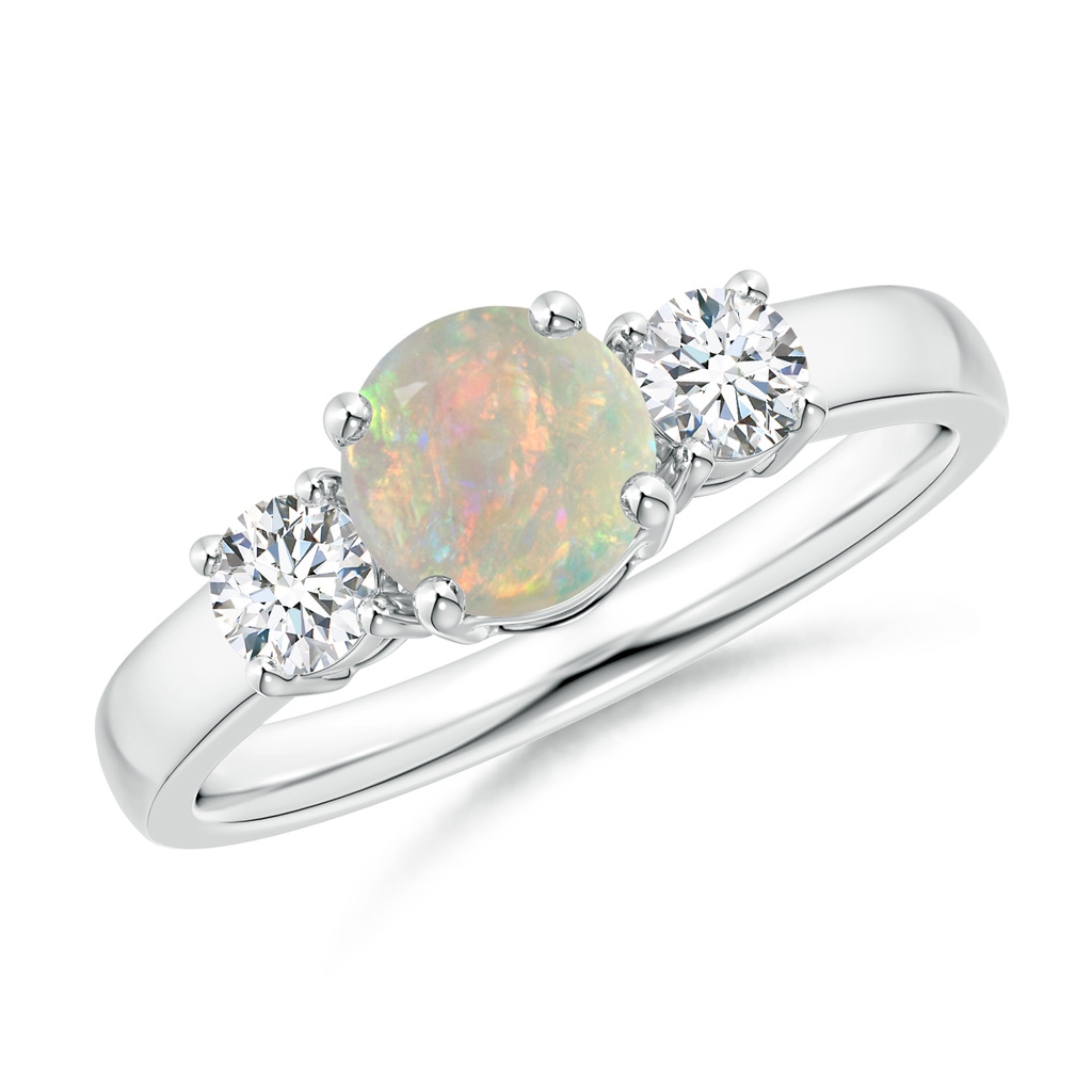 6mm AAAA Classic Opal and Diamond Three Stone Engagement Ring in White Gold