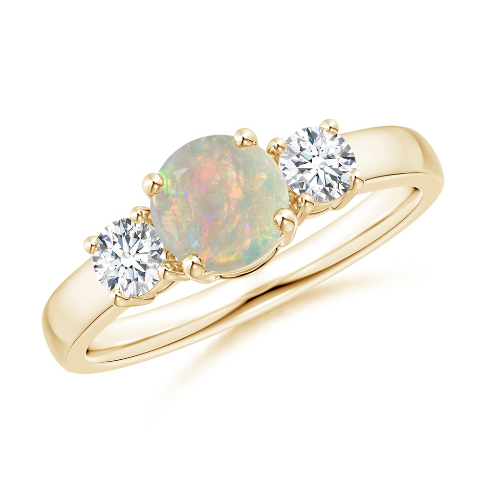 6mm AAAA Classic Opal and Diamond Three Stone Engagement Ring in Yellow Gold 