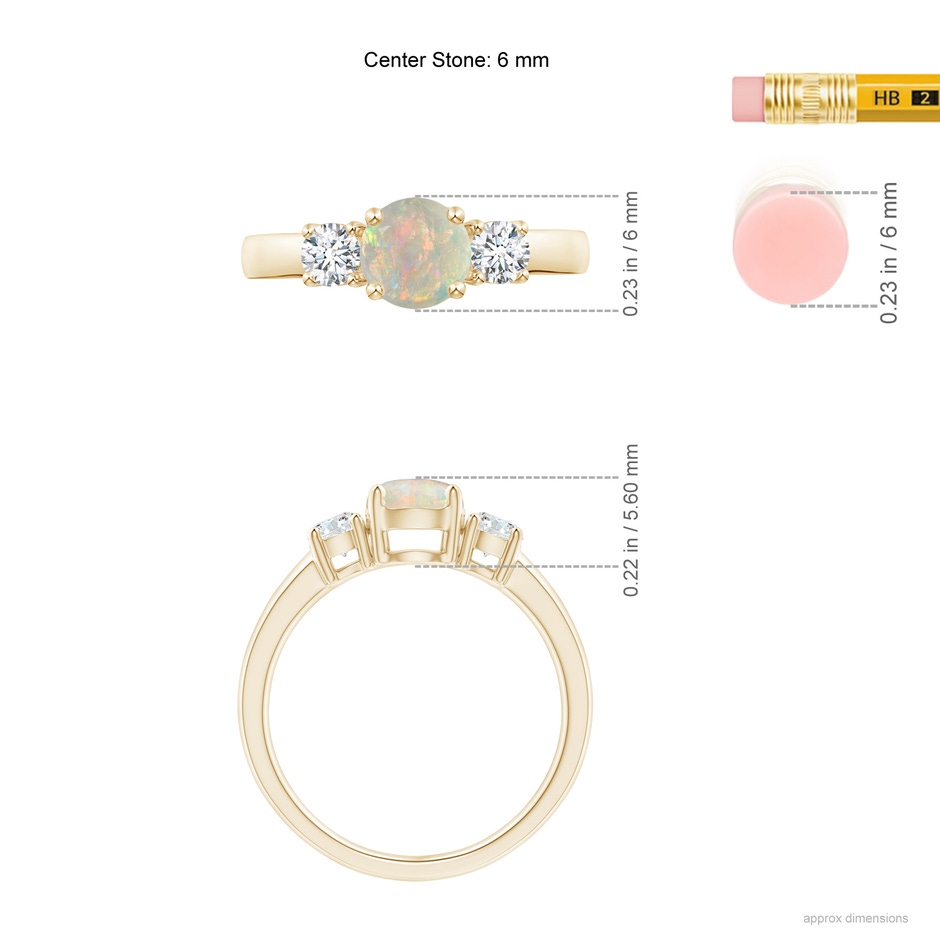 6mm AAAA Classic Opal and Diamond Three Stone Engagement Ring in Yellow Gold ruler