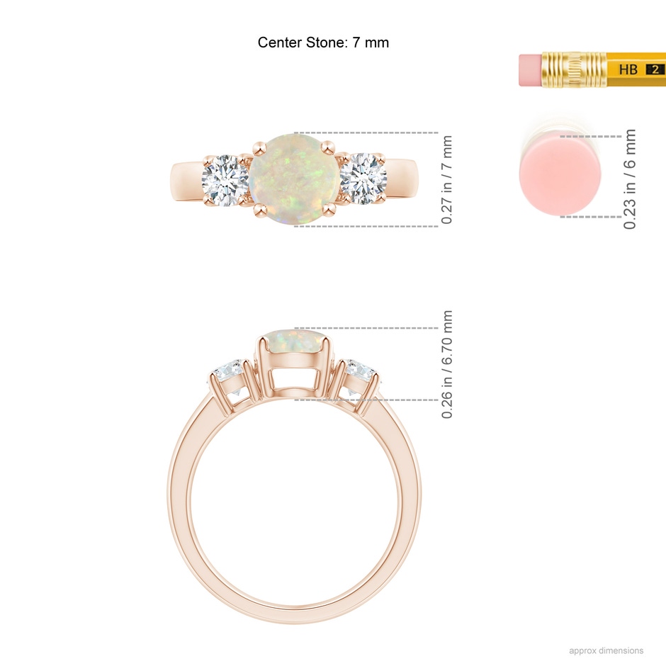 7mm AAA Classic Opal and Diamond Three Stone Engagement Ring in Rose Gold ruler