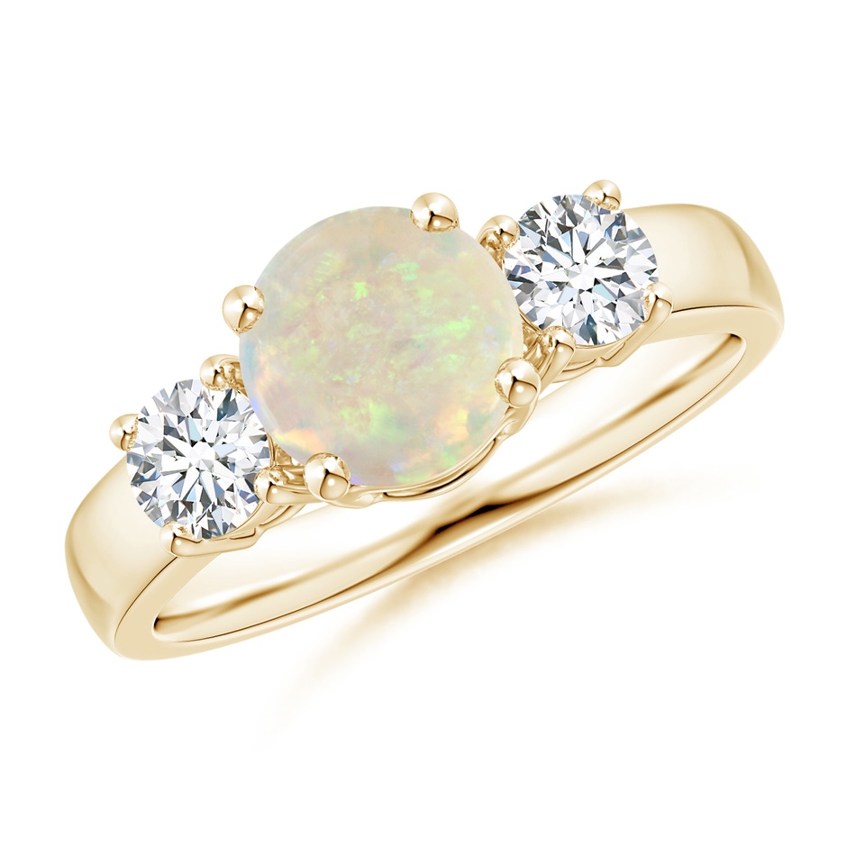 7mm AAA Classic Opal and Diamond Three Stone Engagement Ring in Yellow Gold 