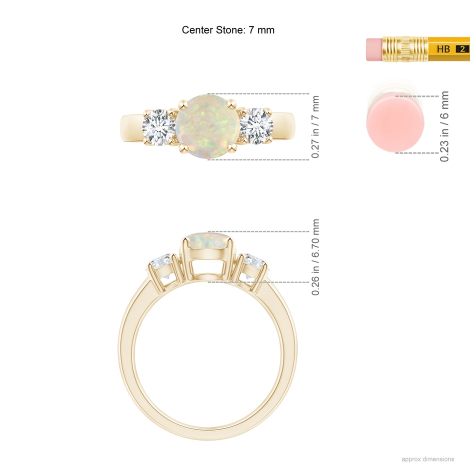 7mm AAA Classic Opal and Diamond Three Stone Engagement Ring in Yellow Gold ruler
